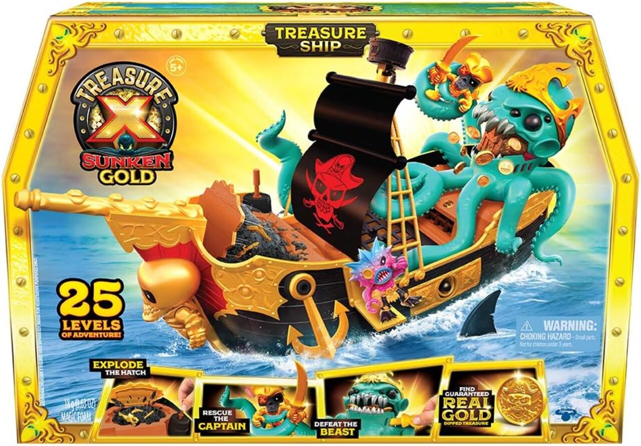 Treasure X Sunken Gold Treasure Ship Playset - 25 Levels of Adventure | Find Guaranteed Real Gold Dipped Treasure | Interactive Fun for All, Treasure Hunter